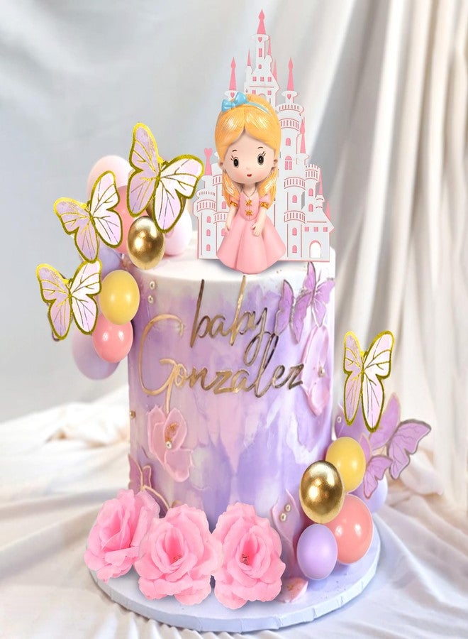 DRWATE 39 PCS Princess Cake Topper Castle Cake Decoration with Butterflies Artificial Flowers and Balls for Princess Birthday Supplies (Pink and Purple) - Image 5